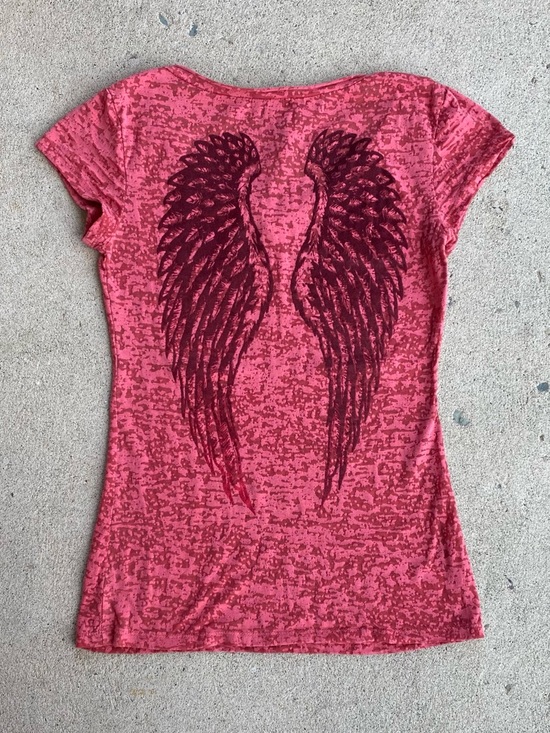Affliction Tops - Y2k/Emo Pink Affliction Style Mesh Wings Tee